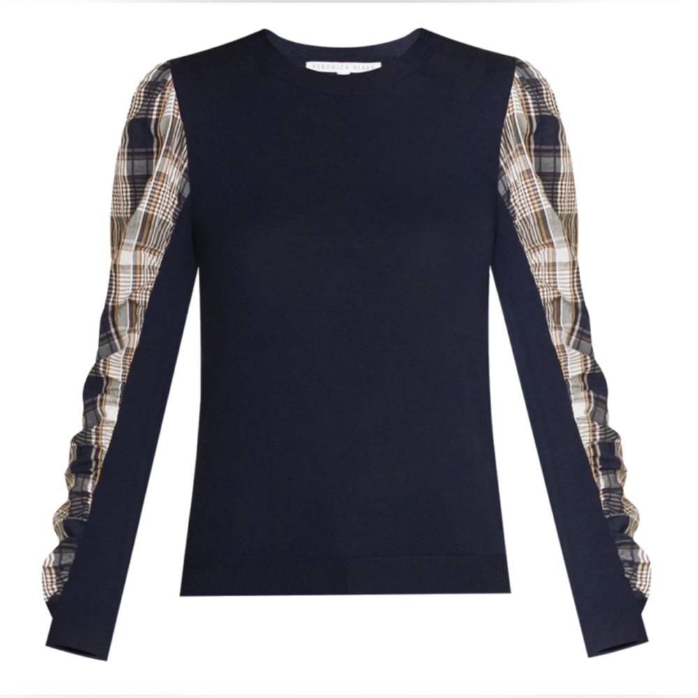 Veronica Beard Adler mixed media sweater, SZ M in Navy Plaid